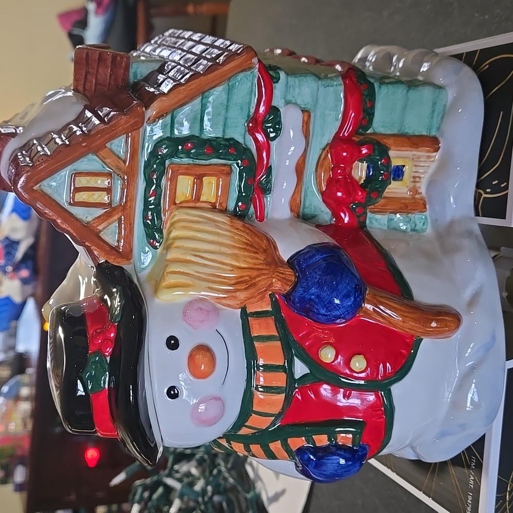 Frosty Snowman and Christmas Cottage Cookie Jar